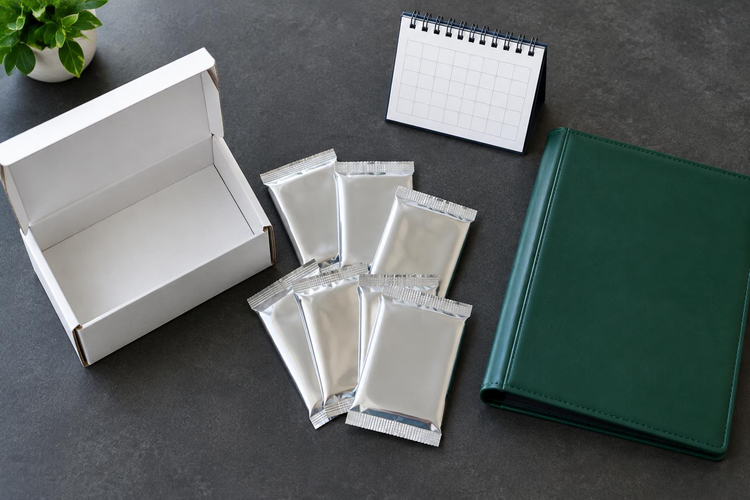 Illustrative collecting desk with foil packs, a binder, storage box and calendar